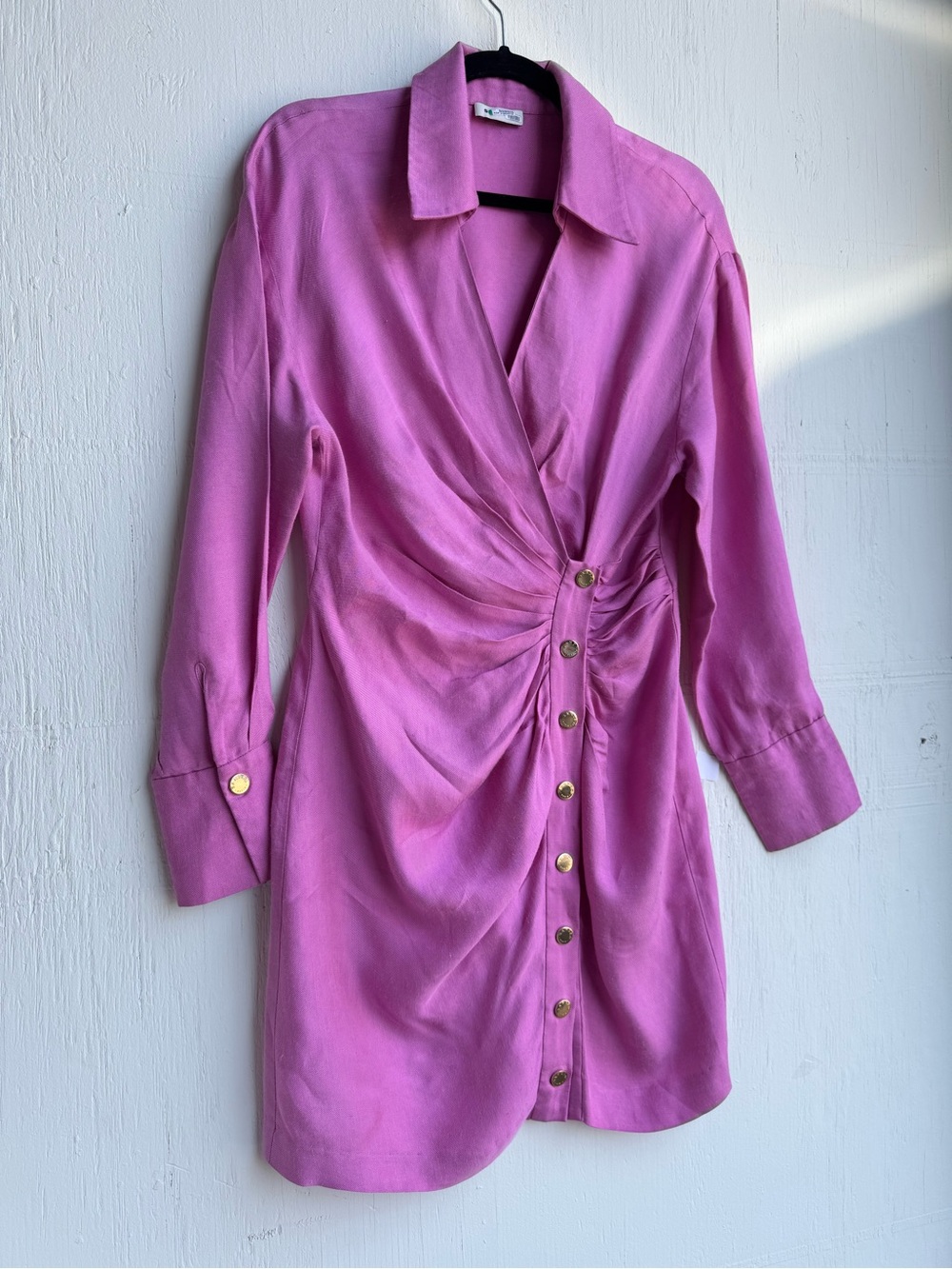 Sandro Fuchsia Ruched Button-Front Long Sleeve Dress